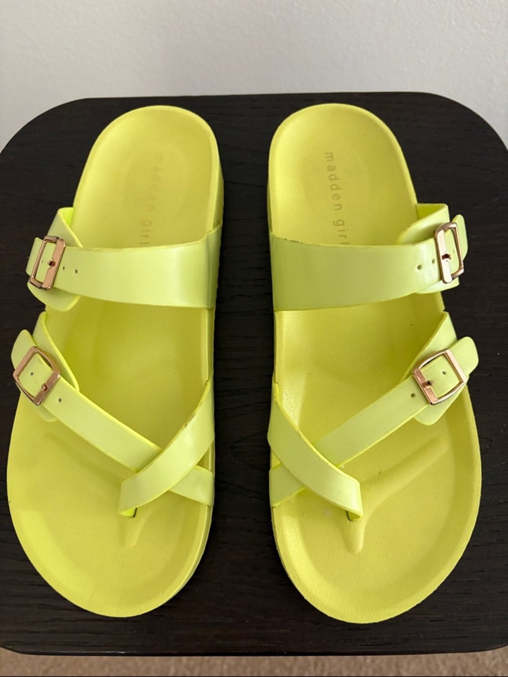 Madden Girl Neon Yellow Double-Buckle Slide Sandals